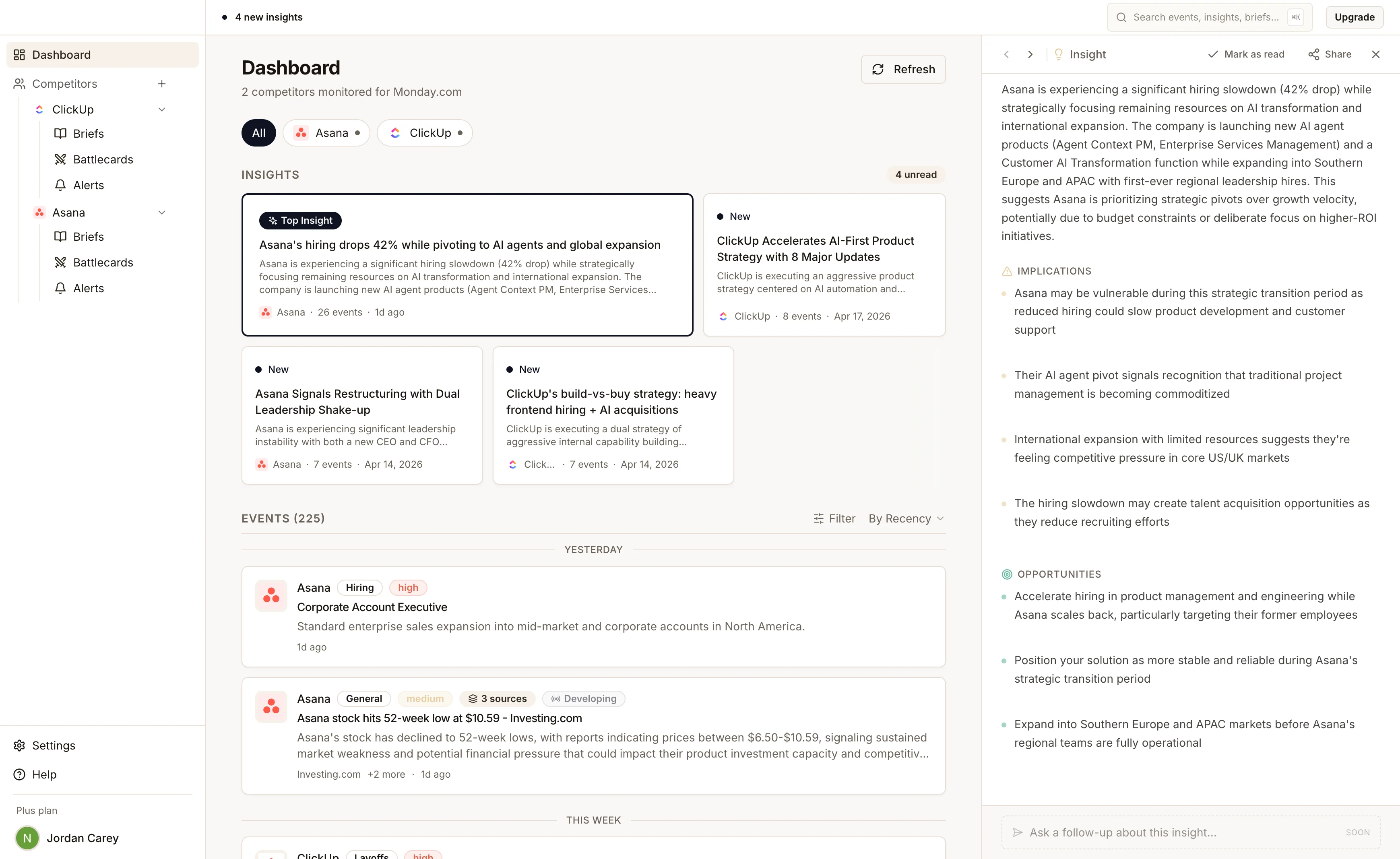 Kalido dashboard showing competitive insights, events timeline, and AI-powered analysis